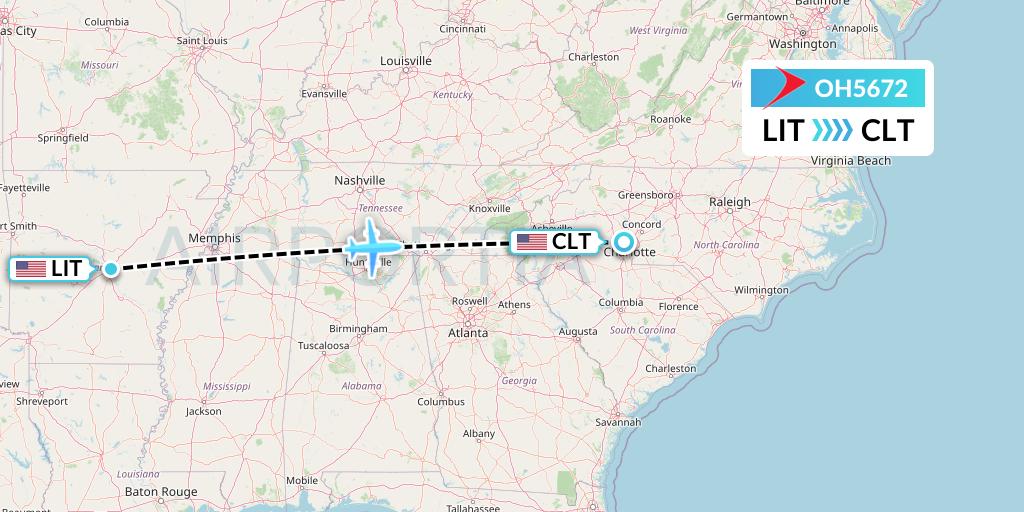 OH5672 PSA Airlines Flight Map: Little Rock to Charlotte