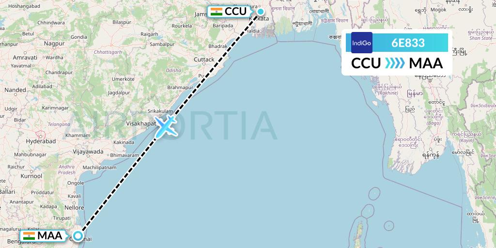 6E833 IndiGo Airlines Flight Map: Kolkata to Chennai