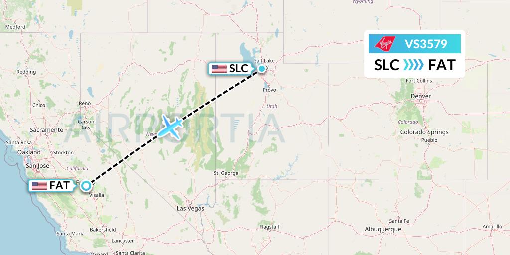 VS3579 Virgin Atlantic Airways Flight Map: Salt Lake City to Fresno