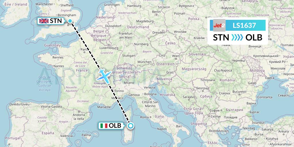 LS1637 Jet2 Flight Map: London to Olbia