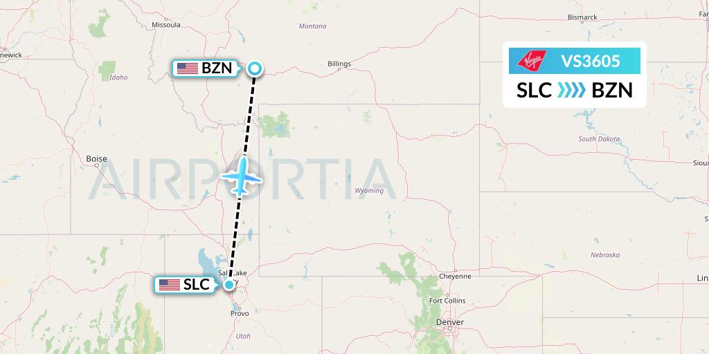 VS3605 Virgin Atlantic Airways Flight Map: Salt Lake City to Bozeman