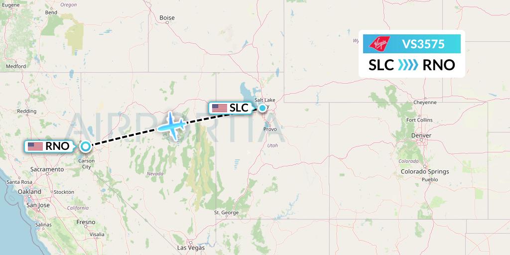 VS3575 Virgin Atlantic Airways Flight Map: Salt Lake City to Reno