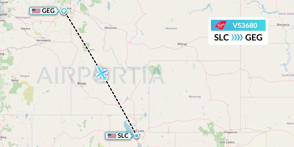 VS3680 Virgin Atlantic Airways Flight Map: Salt Lake City to Spokane