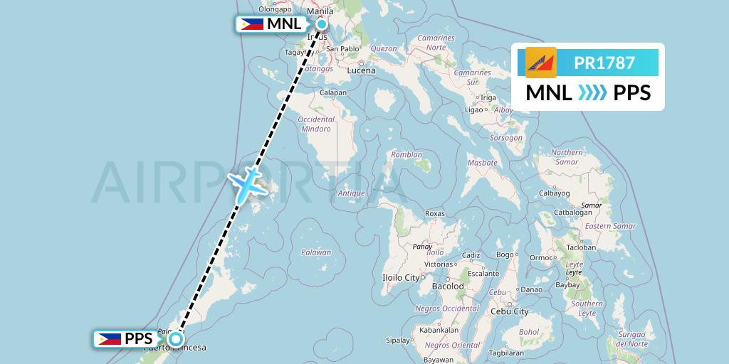 PR1787 Philippine Airlines Flight Map: Manila to Puerto Princesa City