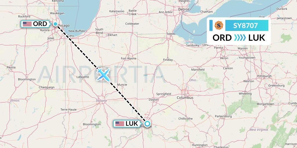 SY8707 Sun Country Airlines Flight Map: Chicago to Cincinnati