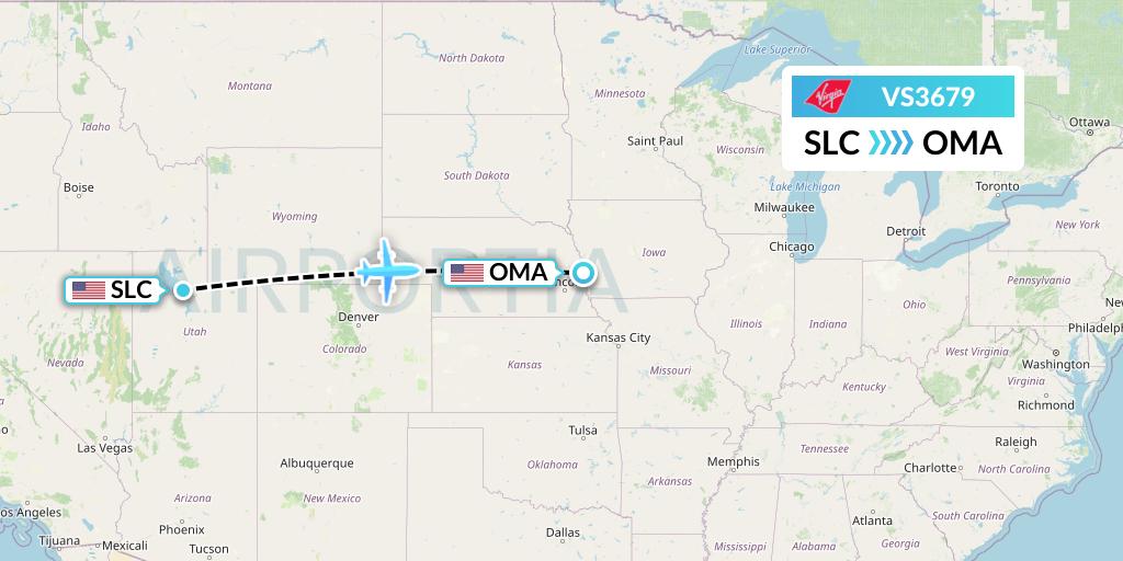 VS3679 Virgin Atlantic Airways Flight Map: Salt Lake City to Omaha
