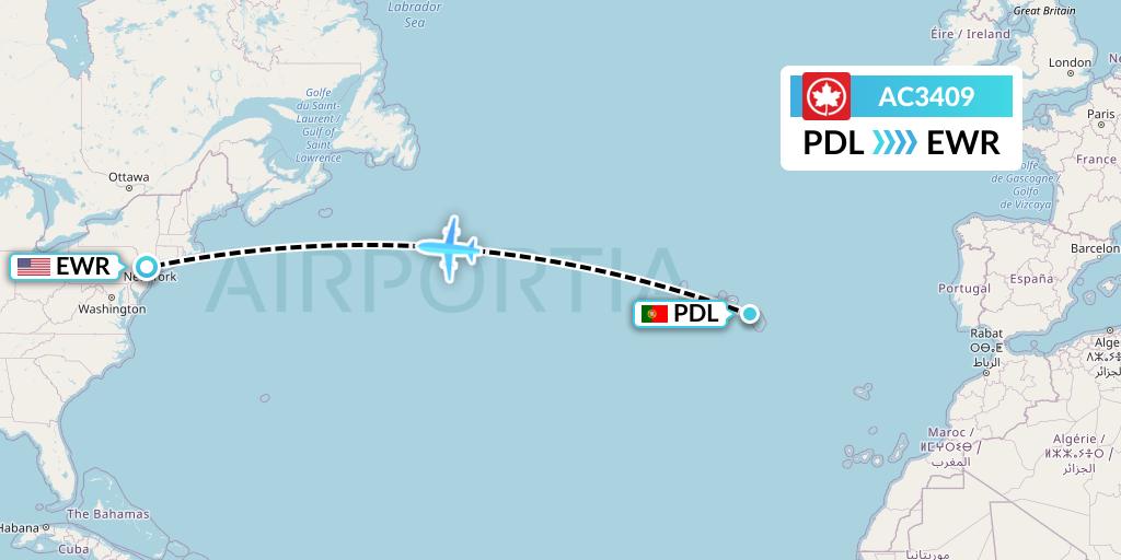 AC3409 Air Canada Flight Map: Ponta Delgada to New York
