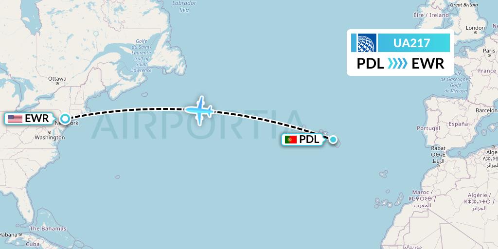 UA217 United Airlines Flight Map: Ponta Delgada to New York