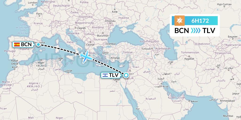 6H172 Israir Airlines Flight Map: Barcelona to Tel Aviv