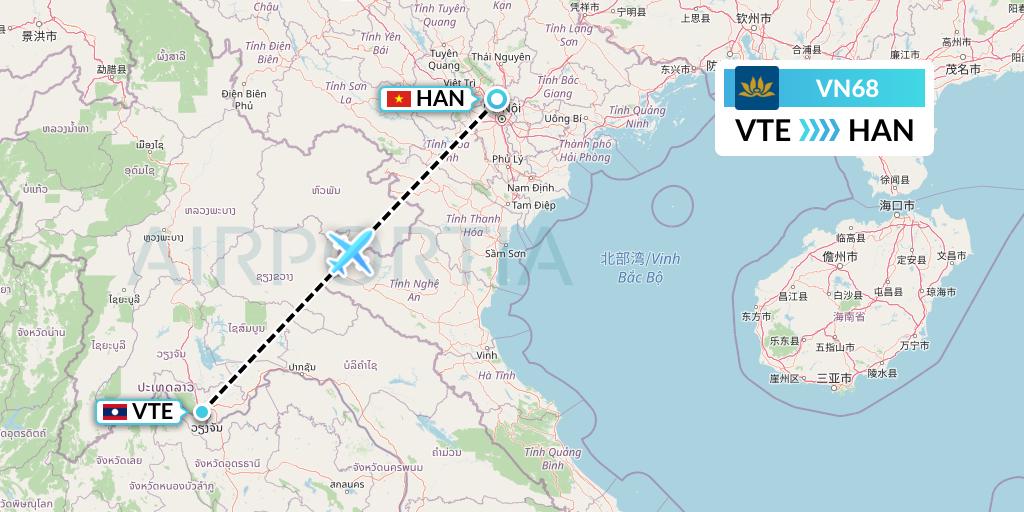 VN68 Vietnam Airlines Flight Map: Vientiane to Hanoi