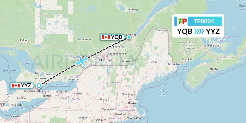TP8004 TAP Portugal Flight Map: Quebec to Toronto