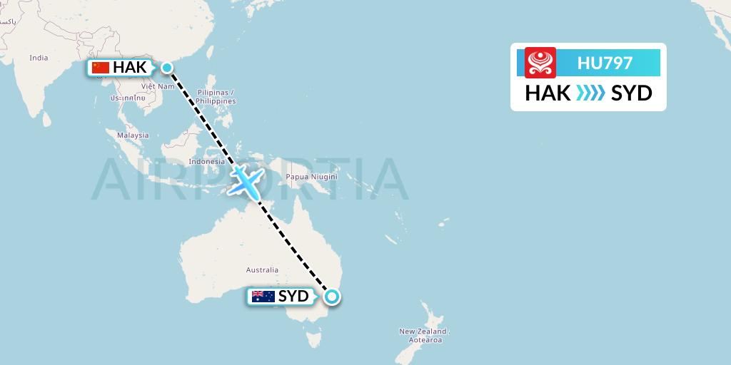 HU797 Hainan Airlines Flight Map: Haikou to Sydney