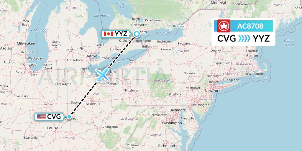 AC8708 Air Canada Flight Map: Cincinnati to Toronto