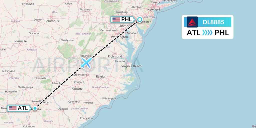 DL8885 Delta Air Lines Flight Map: Atlanta to Philadelphia