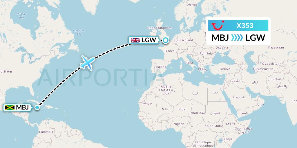 X353 TUI fly Germany Flight Map: Montego Bay to London
