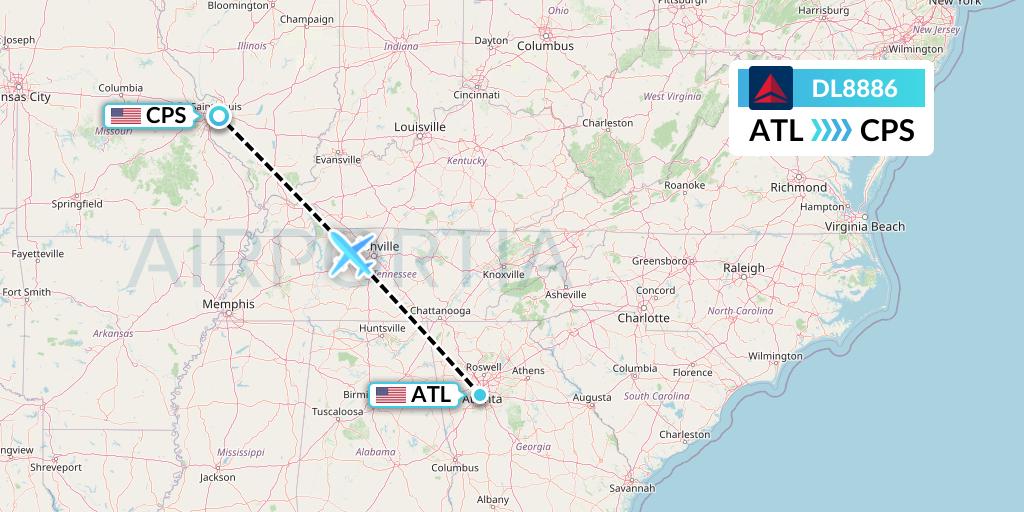 DL8886 Delta Air Lines Flight Map: Atlanta to St. Louis