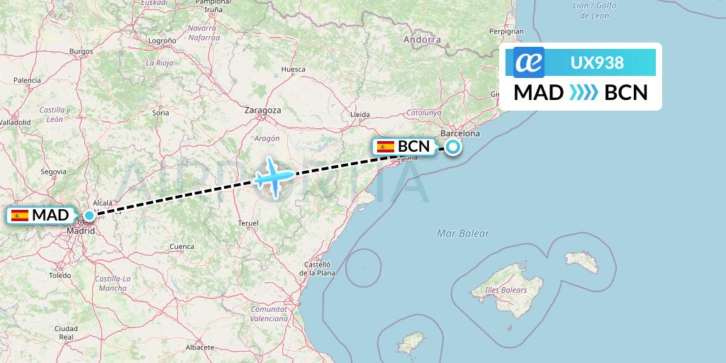 UX938 Air Europa Flight Map: Madrid to Barcelona