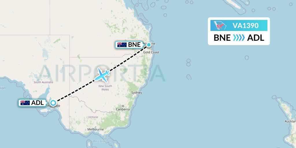 VA1390 Virgin Australia Flight Map: Brisbane to Adelaide