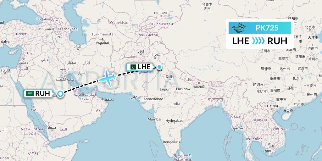 PK725 Pakistan International Airlines Flight Map: Lahore to Riyadh