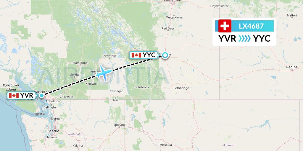 LX4687 Swiss Flight Map: Vancouver to Calgary