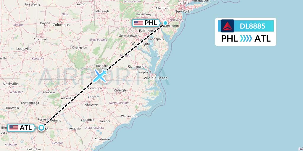 DL8885 Delta Air Lines Flight Map: Philadelphia to Atlanta