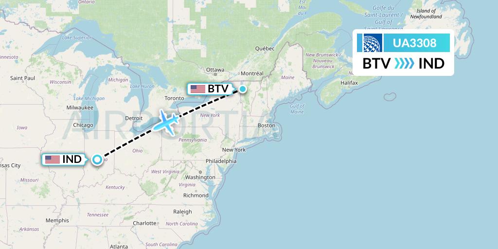 UA3308 United Airlines Flight Map: Burlington to Indianapolis