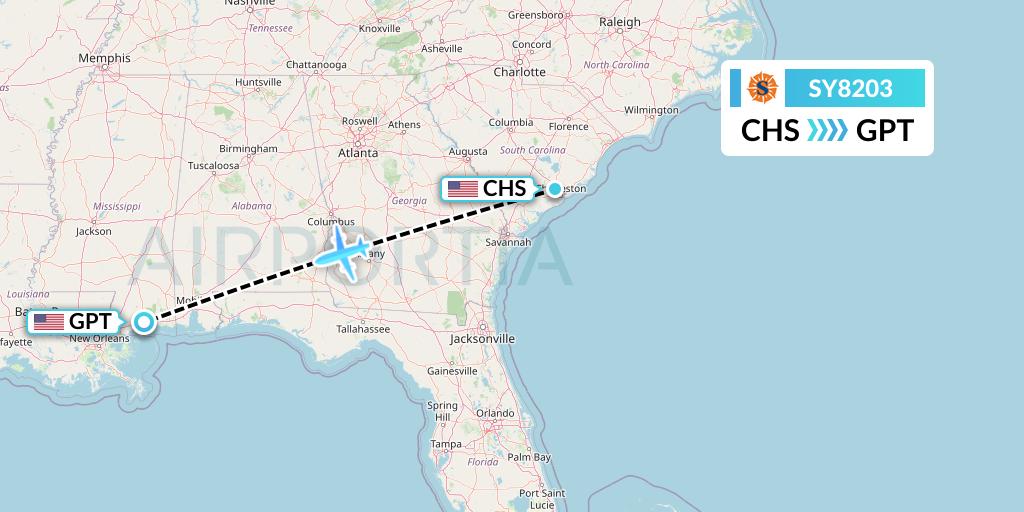 SY8203 Sun Country Airlines Flight Map: Charleston to Gulfport
