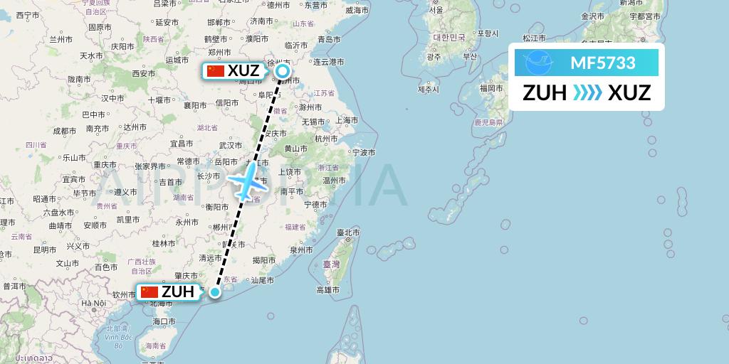 MF5733 Xiamen Airlines Flight Map: Zhuhai to Xuzhou