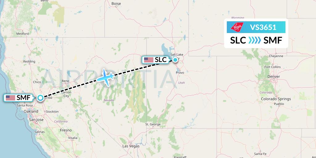 VS3651 Virgin Atlantic Airways Flight Map: Salt Lake City to Sacramento