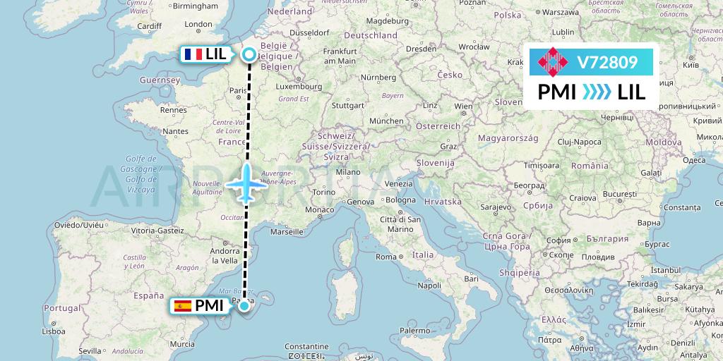 V72809 Volotea Flight Map: Palma de Mallorca to Lille