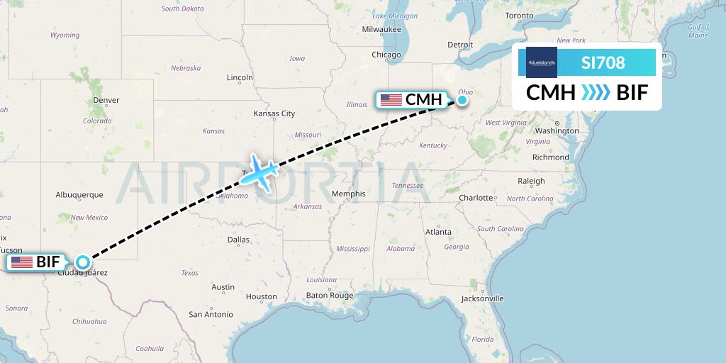 SI708 Blue Islands Flight Map: Columbus to Fort Bliss-El Paso