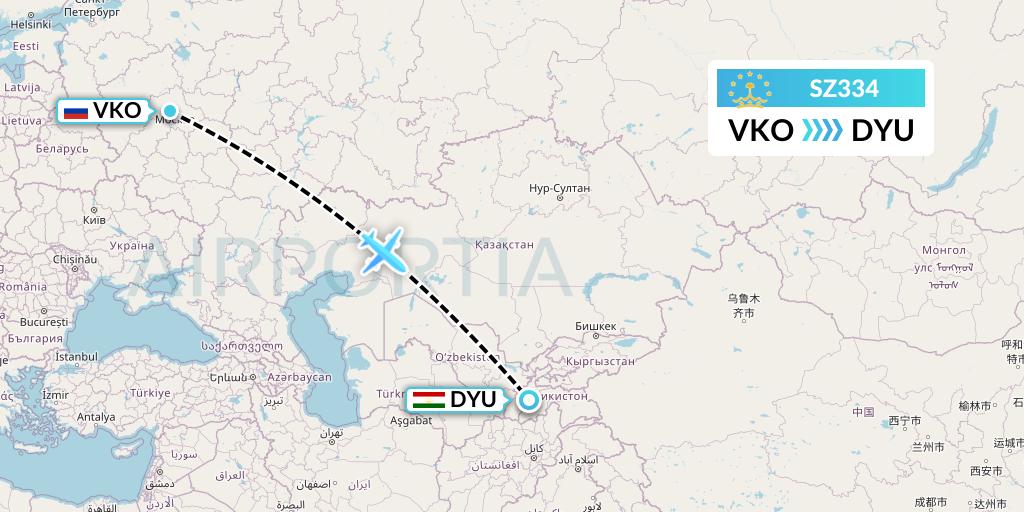 SZ334 Somon Air Flight Map: Moscow to Dushanbe