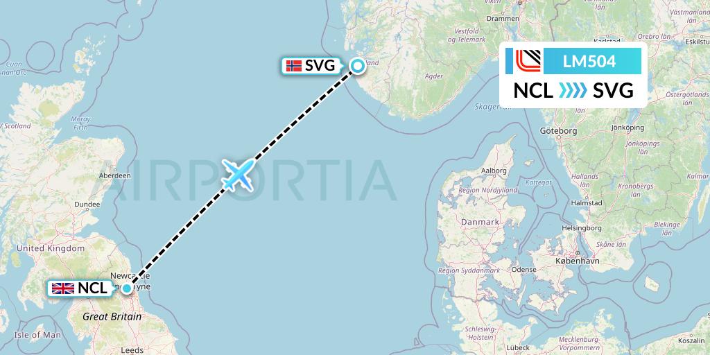 LM504 Loganair Flight Map: Newcastle to Stavanger