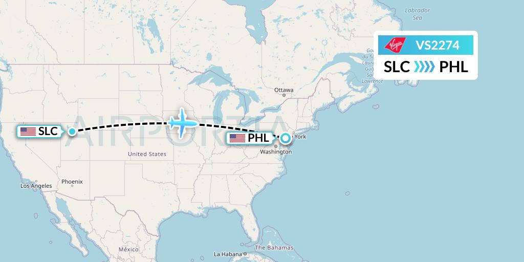 VS2274 Virgin Atlantic Airways Flight Map: Salt Lake City to Philadelphia