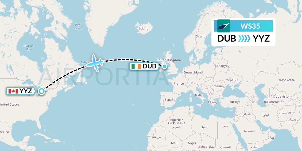 WS35 WestJet Flight Map: Dublin to Toronto