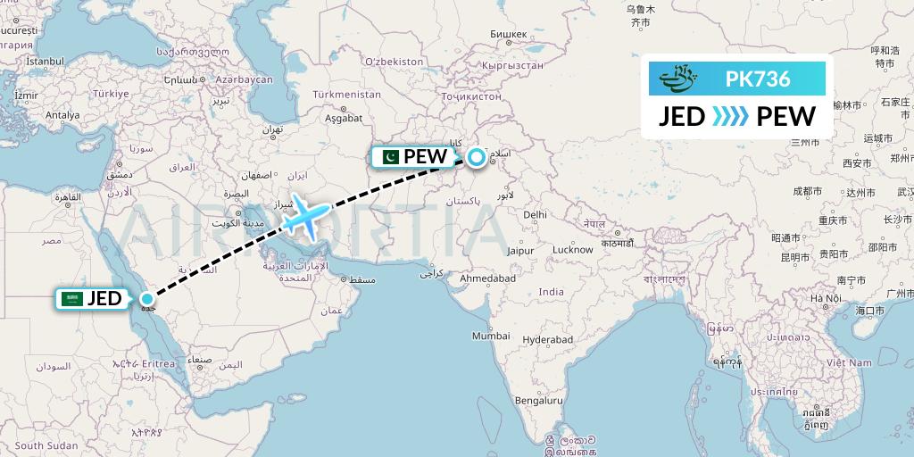 PK736 Pakistan International Airlines Flight Map: Jeddah to Peshawar
