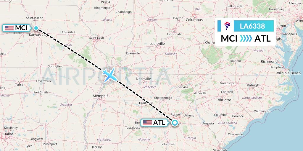 LA6338 LAN Airlines Flight Map: Kansas City to Atlanta