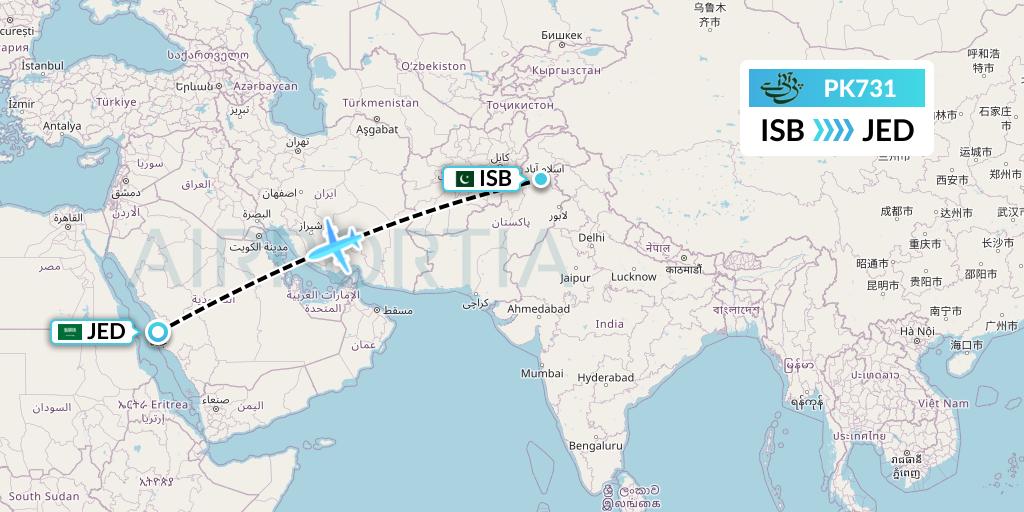 PK731 Pakistan International Airlines Flight Map: Islamabad to Jeddah