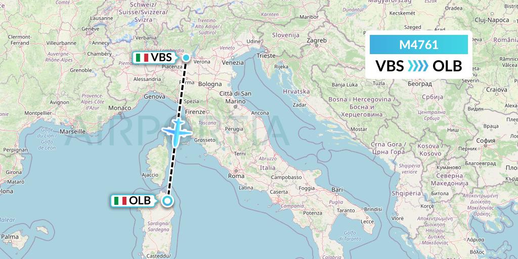 M4761 Mistral Air Flight Map: Brescia to Olbia