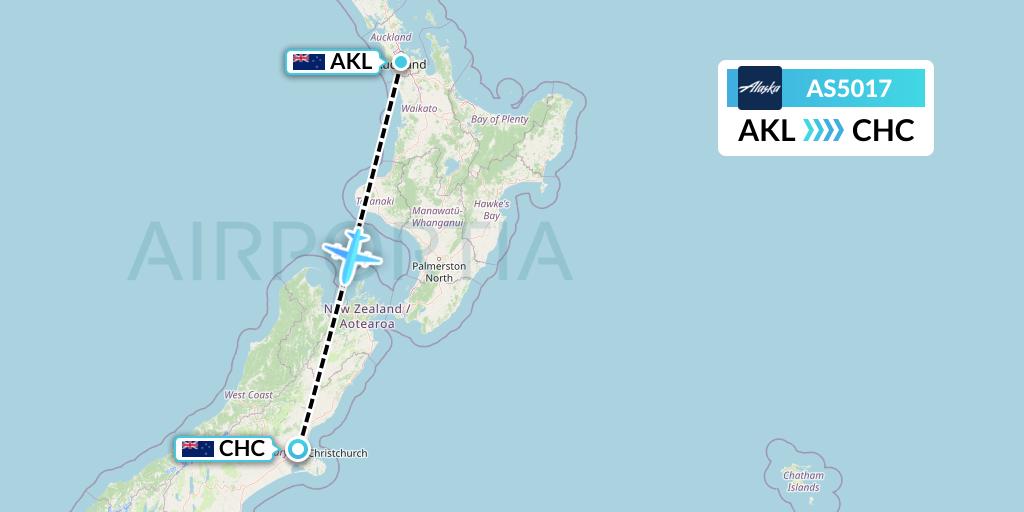 AS5017 Alaska Airlines Flight Map: Auckland to Christchurch