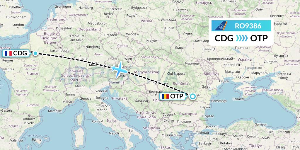 RO9386 Tarom Flight Map: Paris to Bucharest