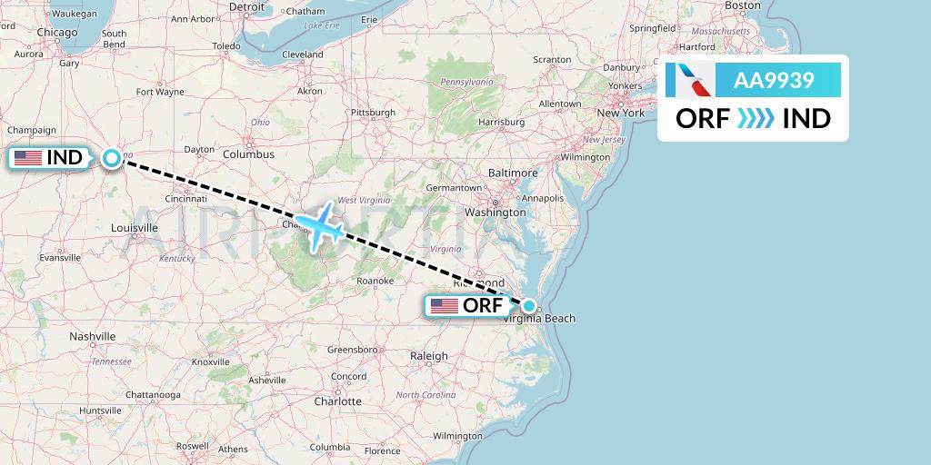 AA9939 American Airlines Flight Map: Norfolk to Indianapolis