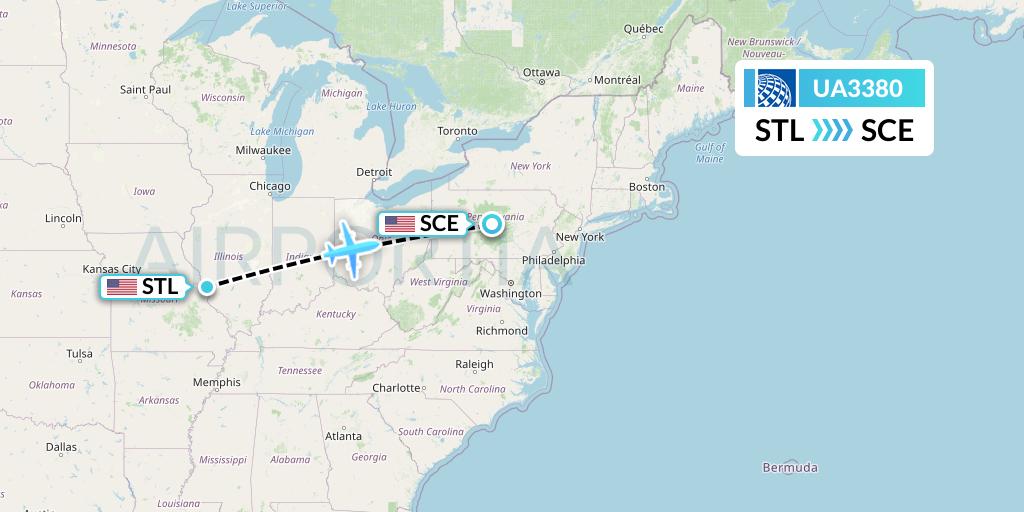 UA3380 United Airlines Flight Map: St. Louis to State College