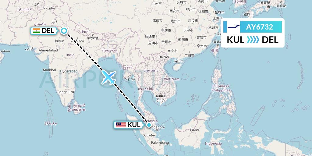 AY6732 Finnair Flight Map: Kuala Lumpur to Delhi