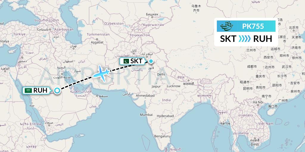 PK755 Pakistan International Airlines Flight Map: Sialkot to Riyadh