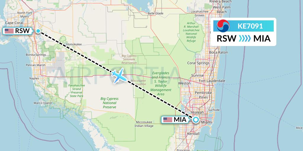 KE7091 Korean Air Flight Map: Fort Myers to Miami