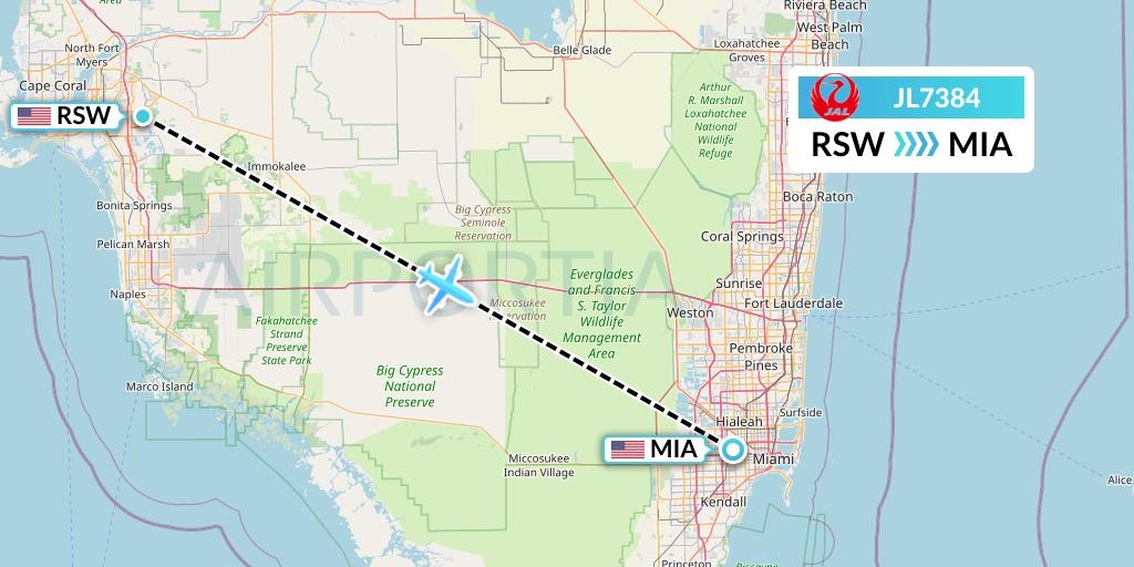 JL7384 Japan Airlines Flight Map: Fort Myers to Miami