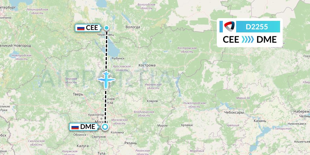 D2255 Severstal Aircompany Flight Map: Cherepovets to Moscow