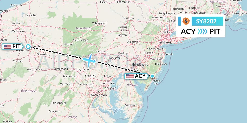 SY8202 Sun Country Airlines Flight Map: Atlantic City to Pittsburgh