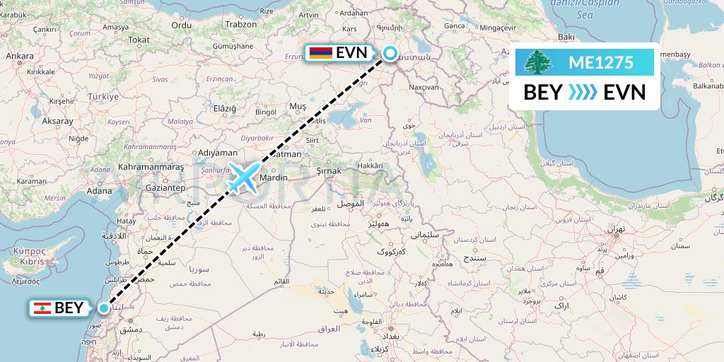 ME1275 MEA Flight Map: Beirut to Yerevan